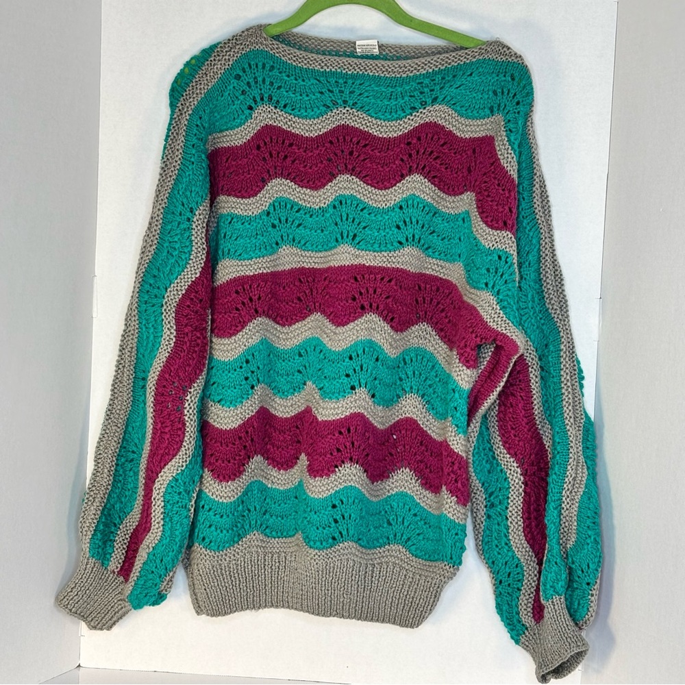 Women's Gray, Teal & Magenta Striped Knit Sweater